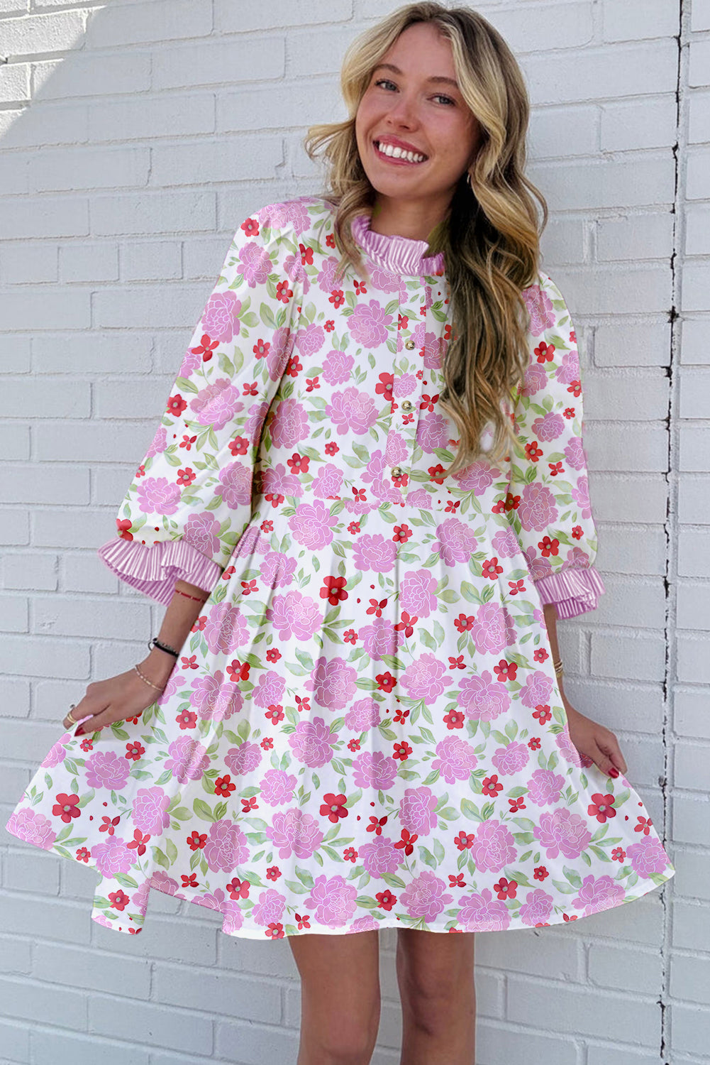 Pink Floral Print Striped Trim Frilled Neck 3/4 Sleeve Flared Mini Dress-TOPS / DRESSES-[Adult]-[Female]-2022 Online Blue Zone Planet