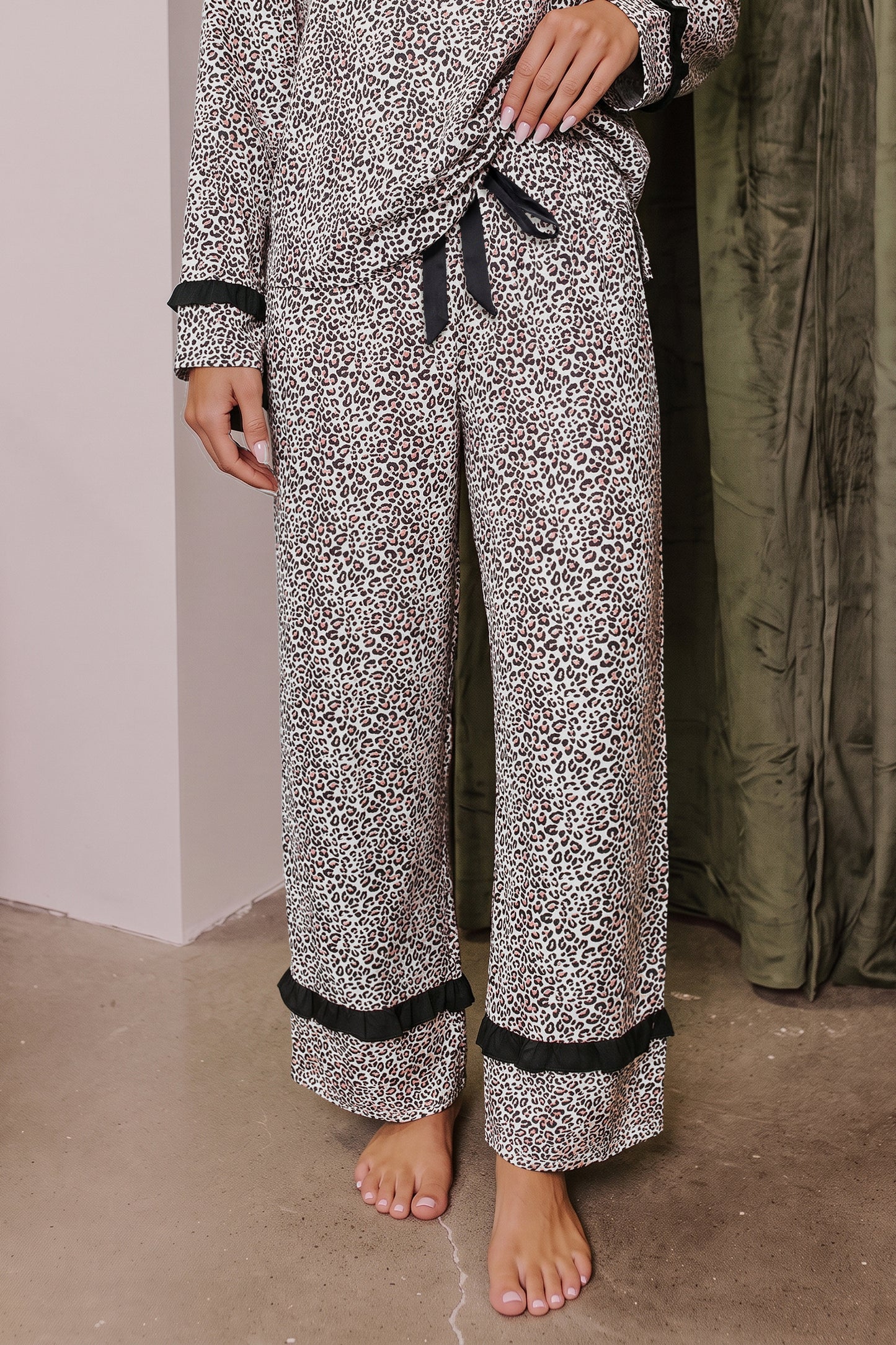 Brown Leopard Print Bow Knot Patchwork Long Sleeve Lounge Set-Loungewear & Sleepwear/Loungewear-[Adult]-[Female]-2022 Online Blue Zone Planet