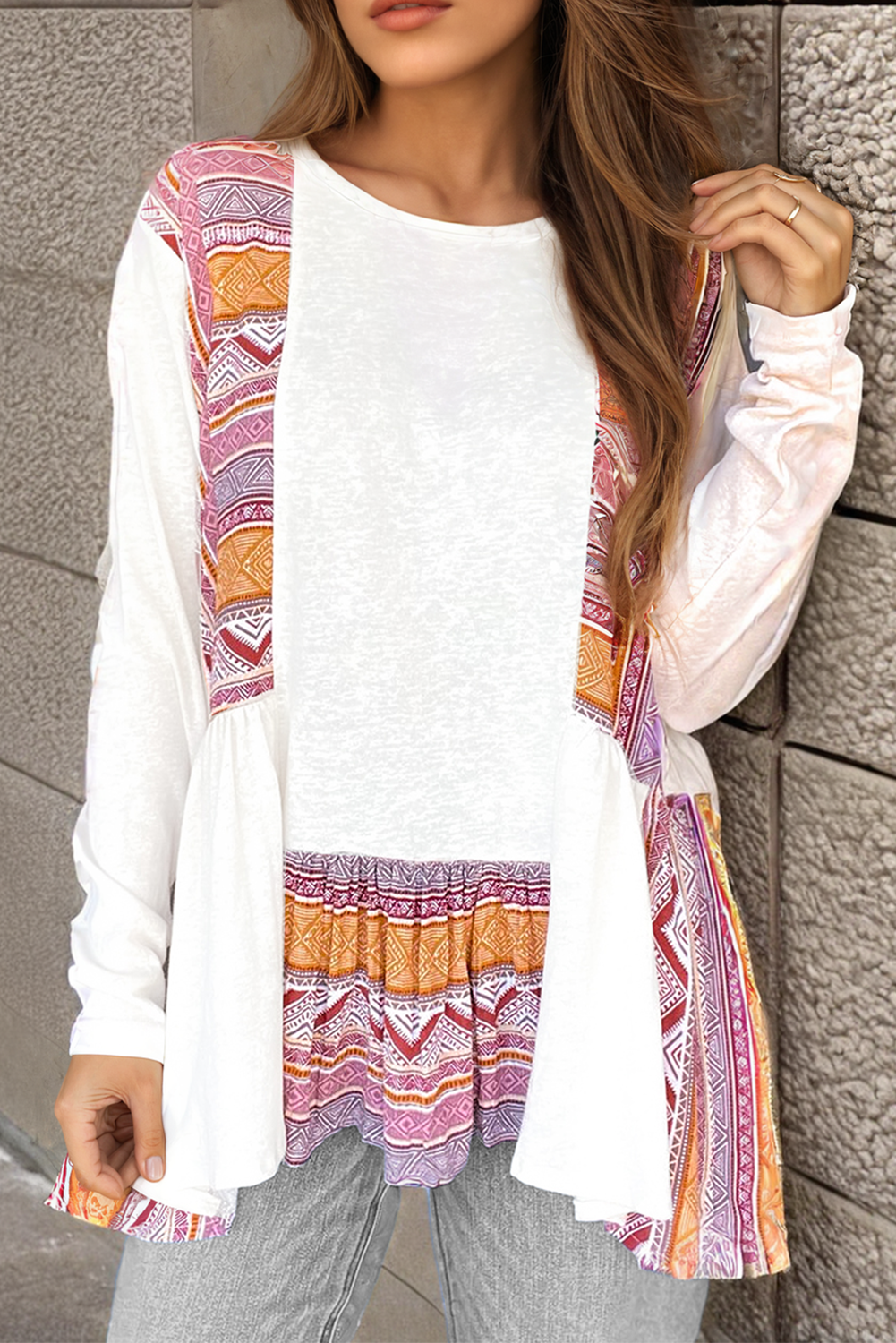 Blue Zone Planet | White Western Aztec Print Patchwork Ruffled Tunic Long Sleeve Babydoll Top-Tops/Long Sleeve Tops-[Adult]-[Female]-White-S-2022 Online Blue Zone Planet