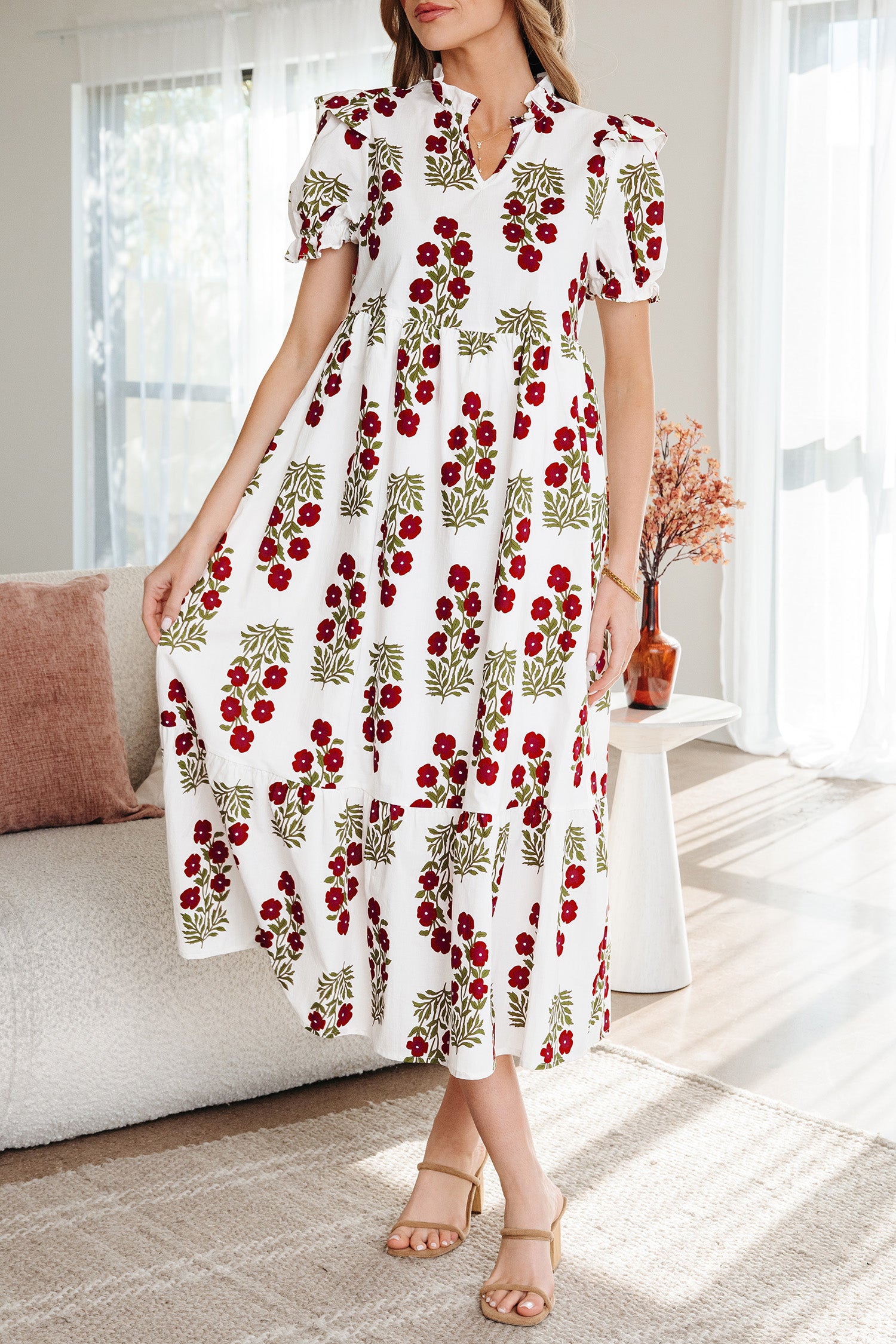 Beige Floral Short Bubble Sleeve Tiered Maxi Dress-TOPS / DRESSES-[Adult]-[Female]-2022 Online Blue Zone Planet