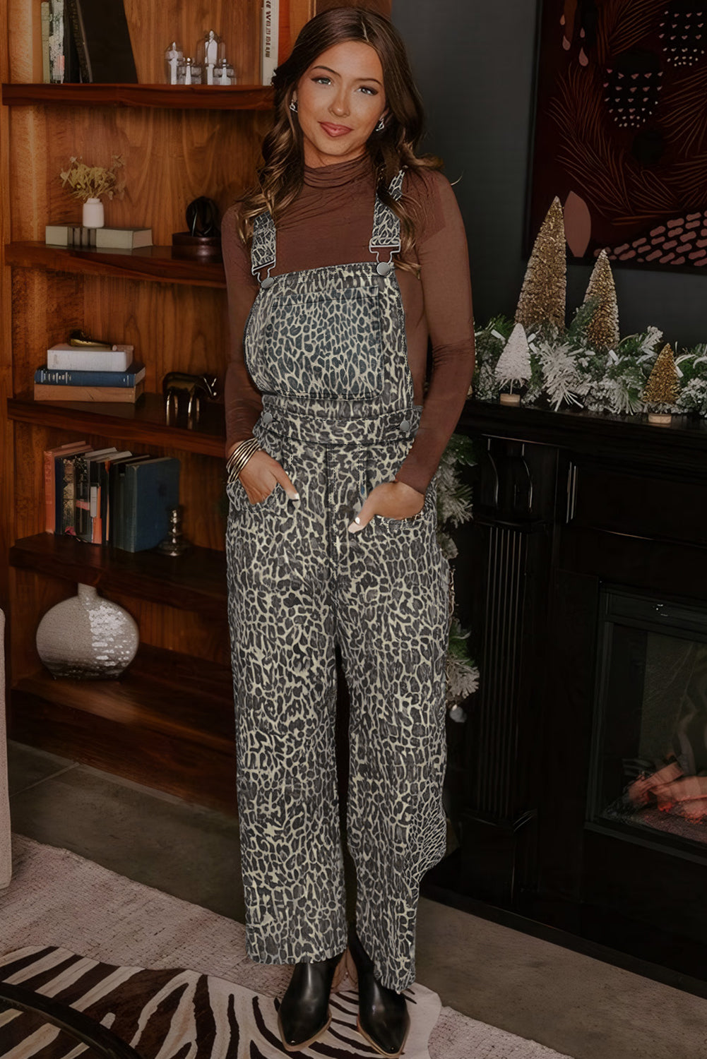 Brown Leopard Print Straight Leg Loose Denim Overall Jumpsuit-TOPS / DRESSES-[Adult]-[Female]-2022 Online Blue Zone Planet