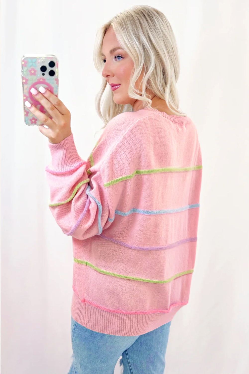 White Rainbow Stripes Drop Shoulder Baggy Henley Sweater-Sweaters & Cardigans/Sweaters-[Adult]-[Female]-2022 Online Blue Zone Planet