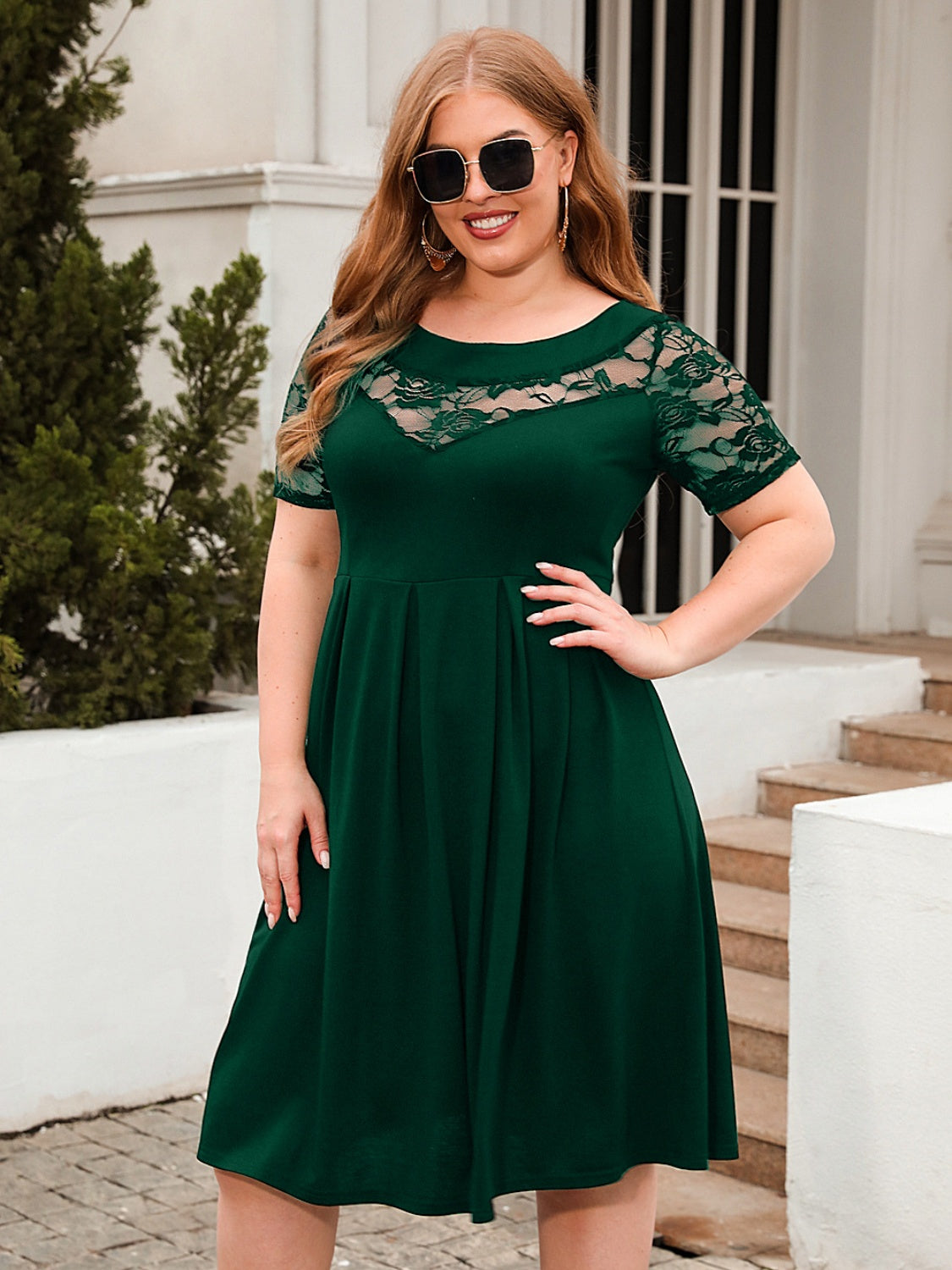 Plus Size Ruched Round Neck Short Sleeve Dress-TOPS / DRESSES-[Adult]-[Female]-Dark Green-1XL-2022 Online Blue Zone Planet