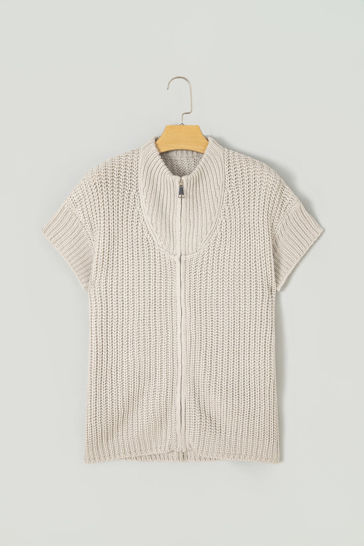 Jet Stream Solid Color Short Sleeve Zipper Knit High Neck Sweater-Sweaters & Cardigans/Short Sleeve Sweaters-[Adult]-[Female]-2022 Online Blue Zone Planet
