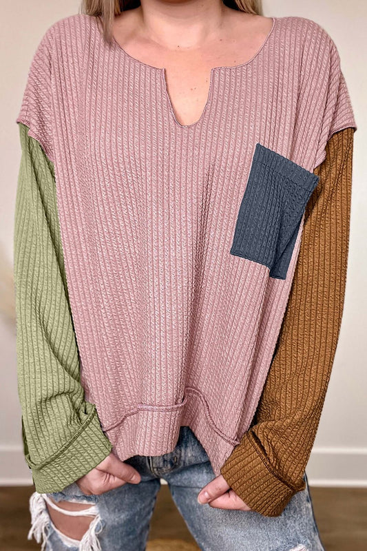 Blue Zone Planet | Color Block Textured Notched Long Sleeve Top-TOPS / DRESSES-[Adult]-[Female]-Dusty Pink-S-2022 Online Blue Zone Planet