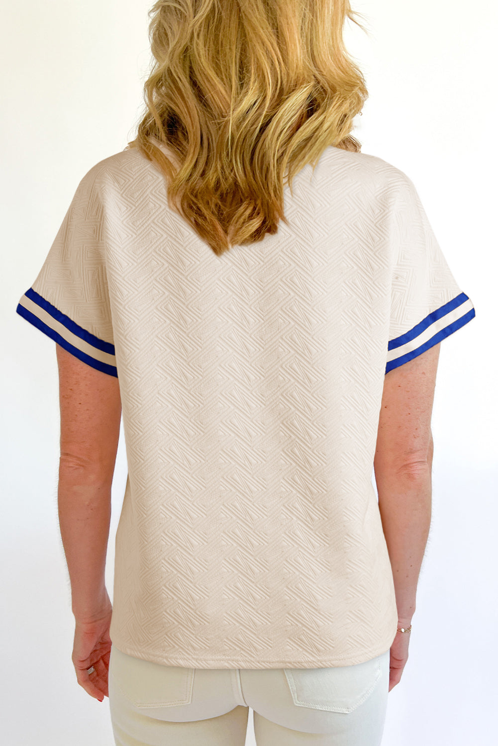 Beige Preppy Striped Trim Textured Quarter Zipper Colorblock Short Sleeve Top-Tops/Blouses & Shirts-[Adult]-[Female]-2022 Online Blue Zone Planet