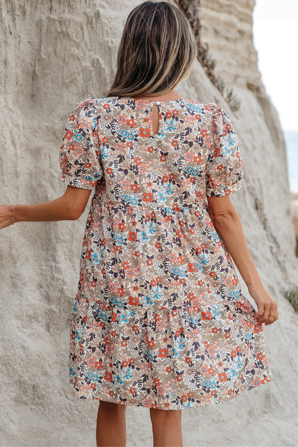 Apricot Bohemian Floral Print Short Puff Sleeve Mini Dress-TOPS / DRESSES-[Adult]-[Female]-2022 Online Blue Zone Planet