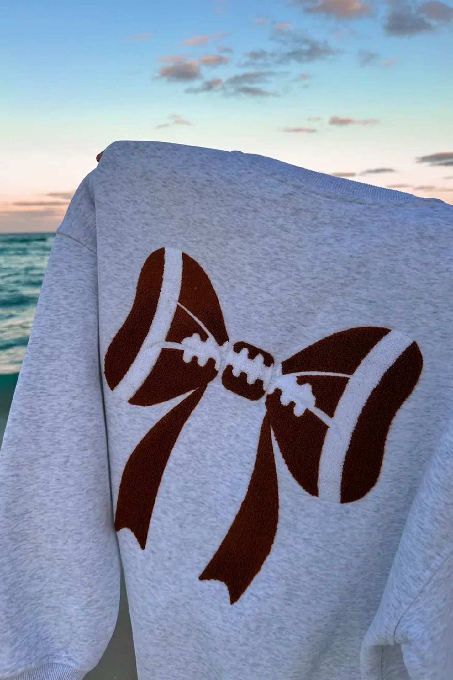 Gray Chenille Embroidered Rugby Bow Game Day Oversized Sweatshirt