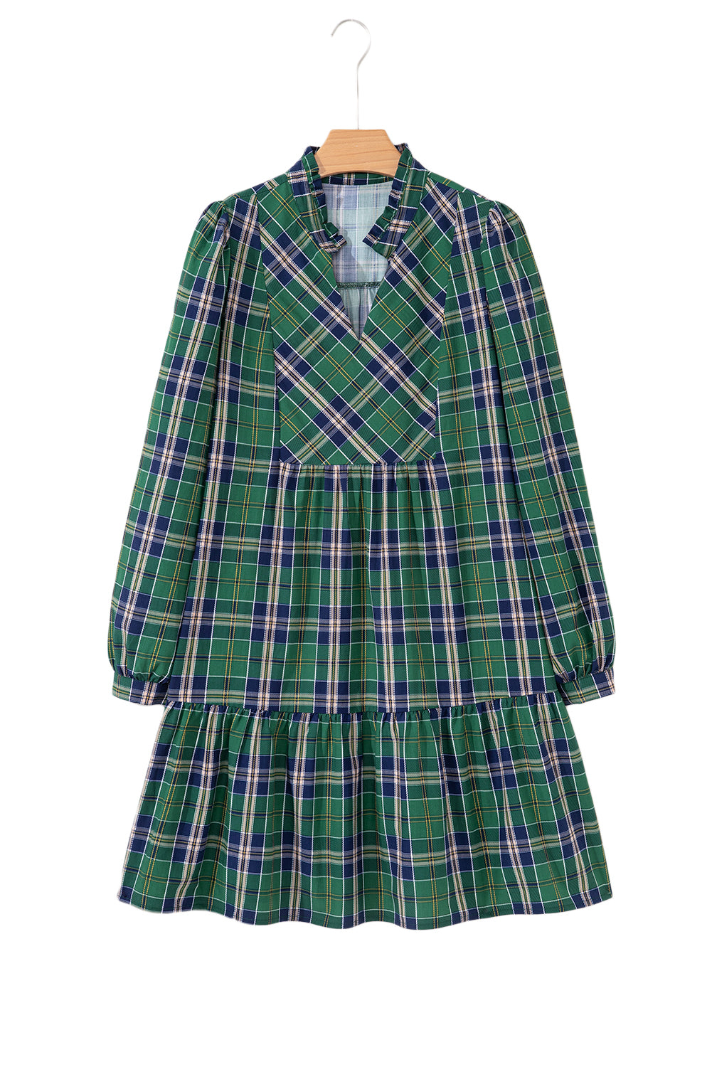 Green Plaid Print Frilly Collar Long Sleeve Shift Mini Dress-TOPS / DRESSES-[Adult]-[Female]-2022 Online Blue Zone Planet