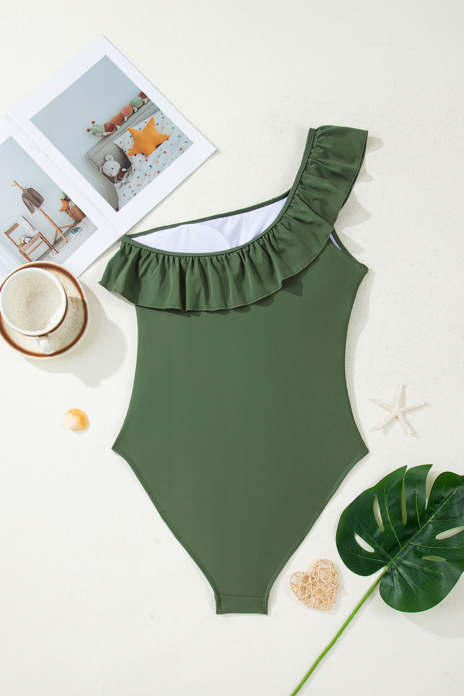 Color Black Solid Color Ruffle Trim Asymmetric Neck One Piece Swimsuit-One Piece Swimsuit-[Adult]-[Female]-2022 Online Blue Zone Planet