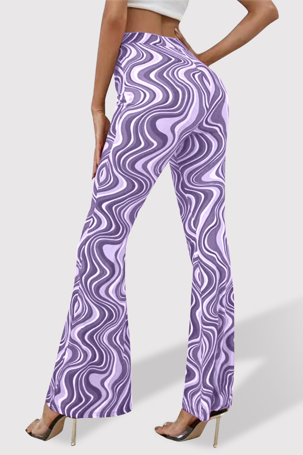 Printed High Waist Flare Pants-[Adult]-[Female]-Purple-S-2022 Online Blue Zone Planet