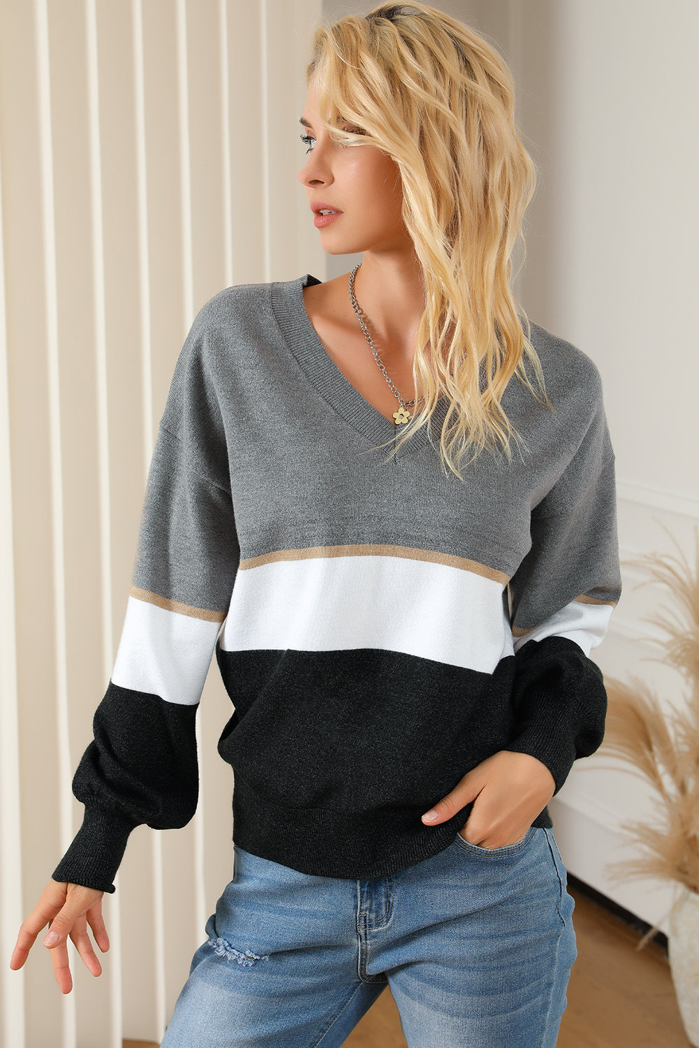 Color Block V Neck Long Sleeve Sweater-TOPS / DRESSES-[Adult]-[Female]-2022 Online Blue Zone Planet