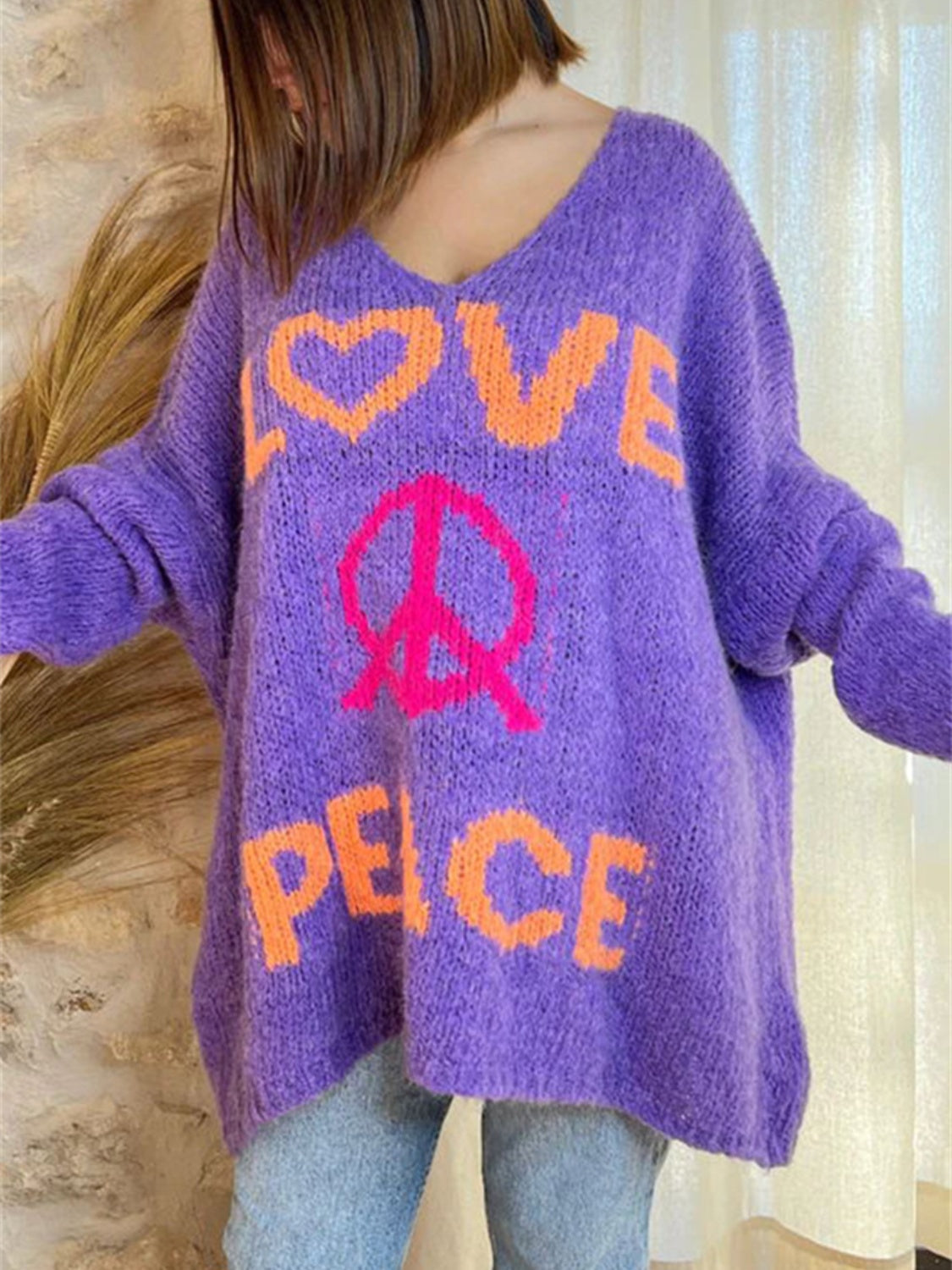 Peace Graphic V-Neck Long Sleeve Sweater-TOPS / DRESSES-[Adult]-[Female]-Purple-S-2022 Online Blue Zone Planet