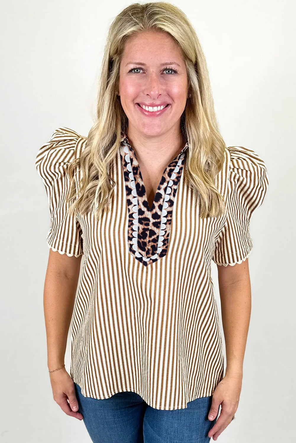 Brown Stripe Ricrac Trim Short Puff Sleeve Leopard Patchwork Collar V Neck Blouse-Tops/Blouses & Shirts-[Adult]-[Female]-2022 Online Blue Zone Planet