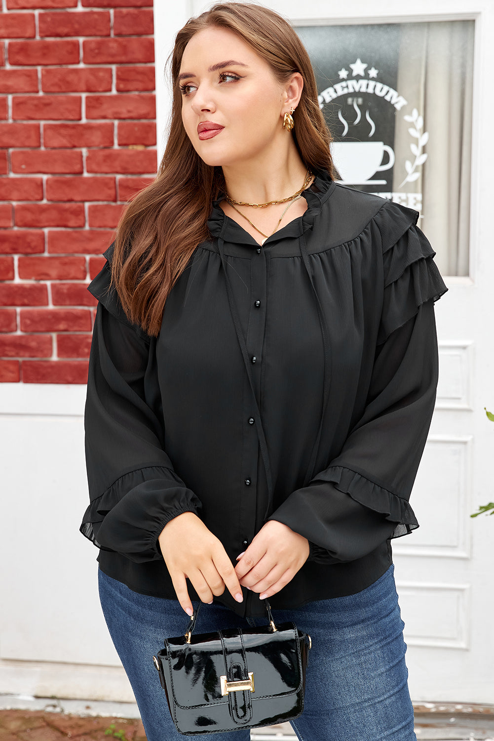 Black Ruffle Balloon Sleeve Chiffon Elegant Plus Size Shirt-Plus Size/Plus Size Tops/Plus Size Blouses & Shirts-[Adult]-[Female]-2022 Online Blue Zone Planet