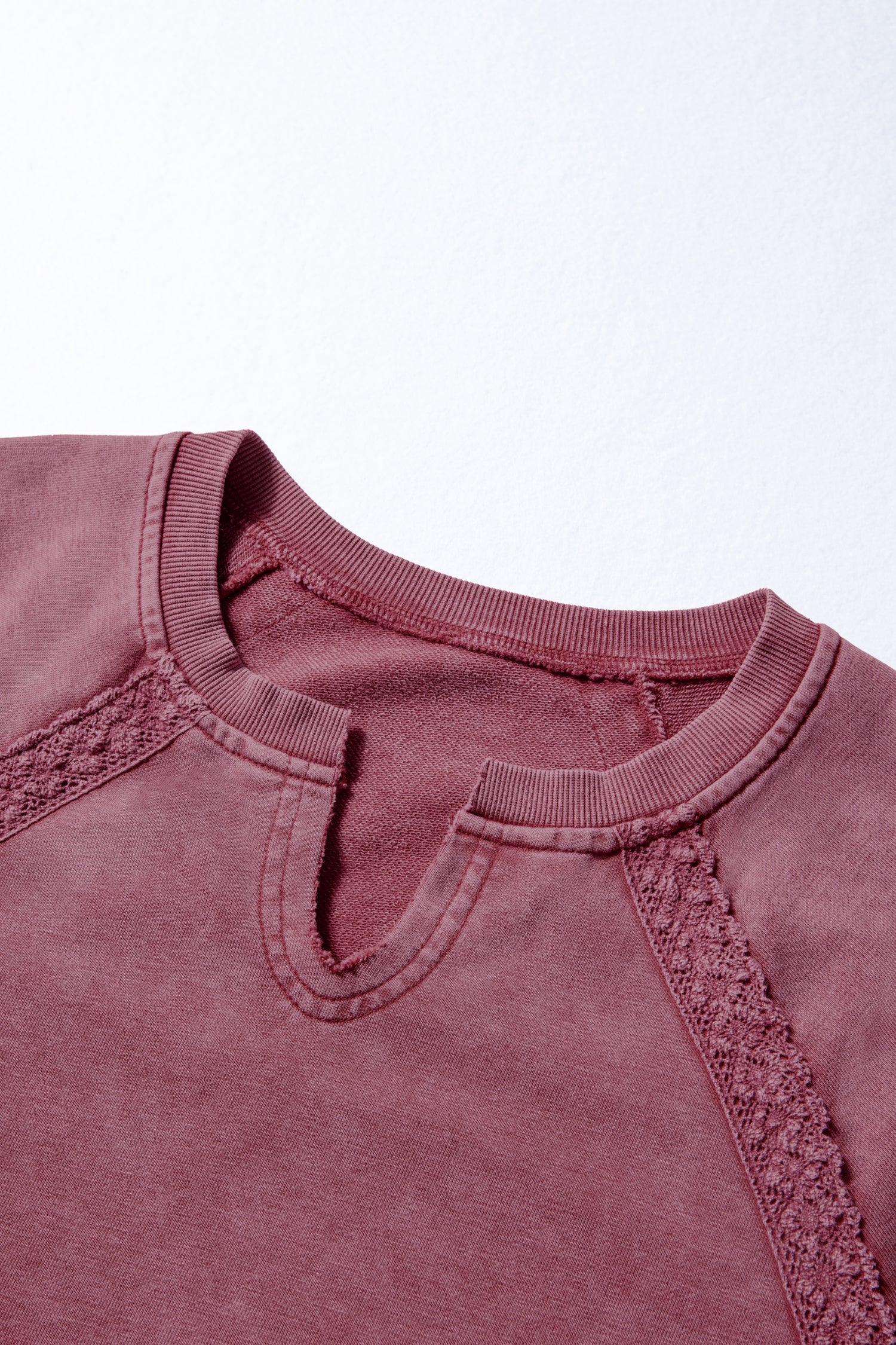 Sail Blue Lace Patchwork Detail Notched Neck Mineral Wash Baggy Sweatshirt-Tops/Sweatshirts & Hoodies-[Adult]-[Female]-2022 Online Blue Zone Planet