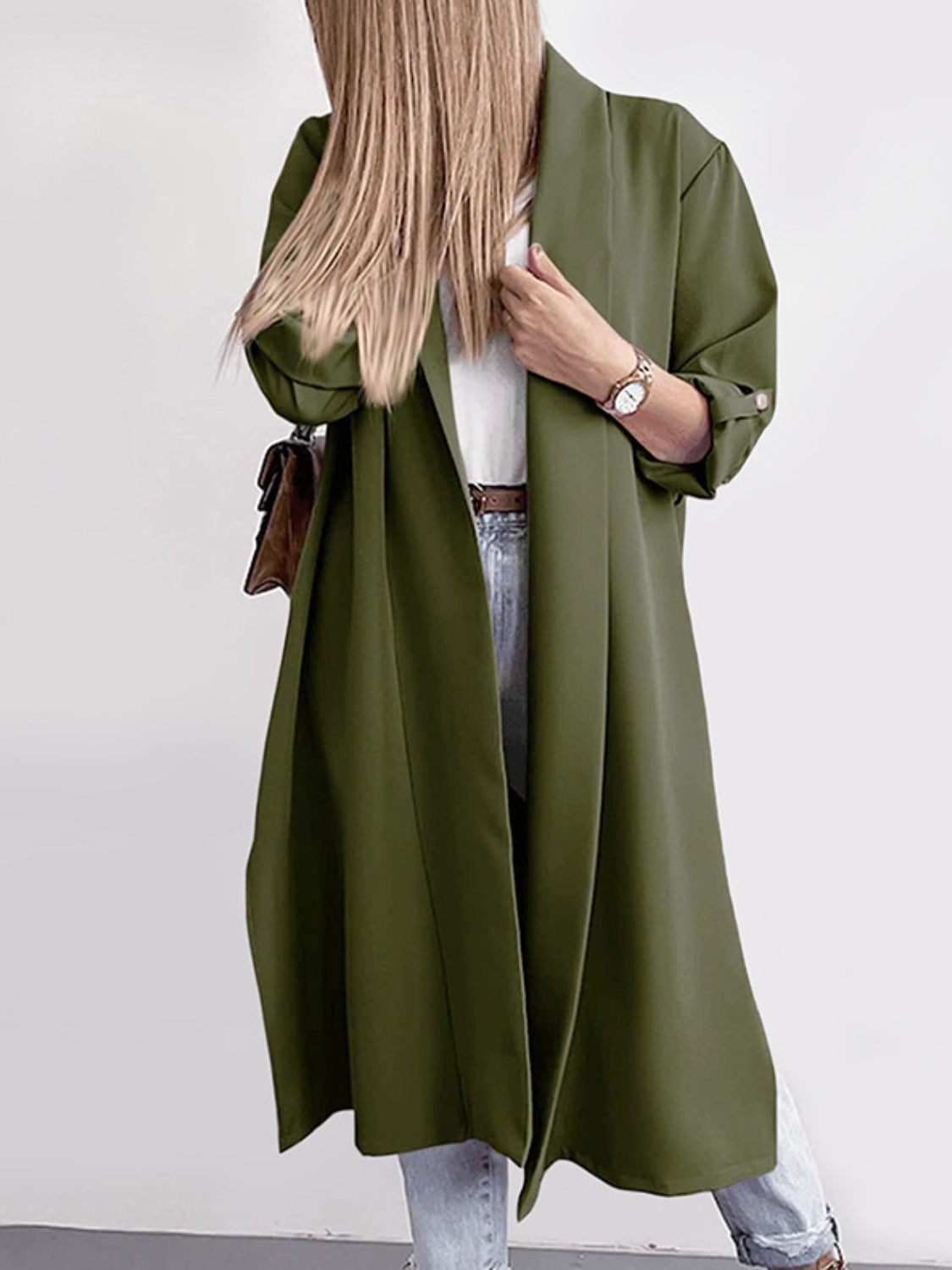 Slit Open Front Roll-Tab Sleeve Trench Coat-TOPS / DRESSES-[Adult]-[Female]-Army Green-S-2022 Online Blue Zone Planet