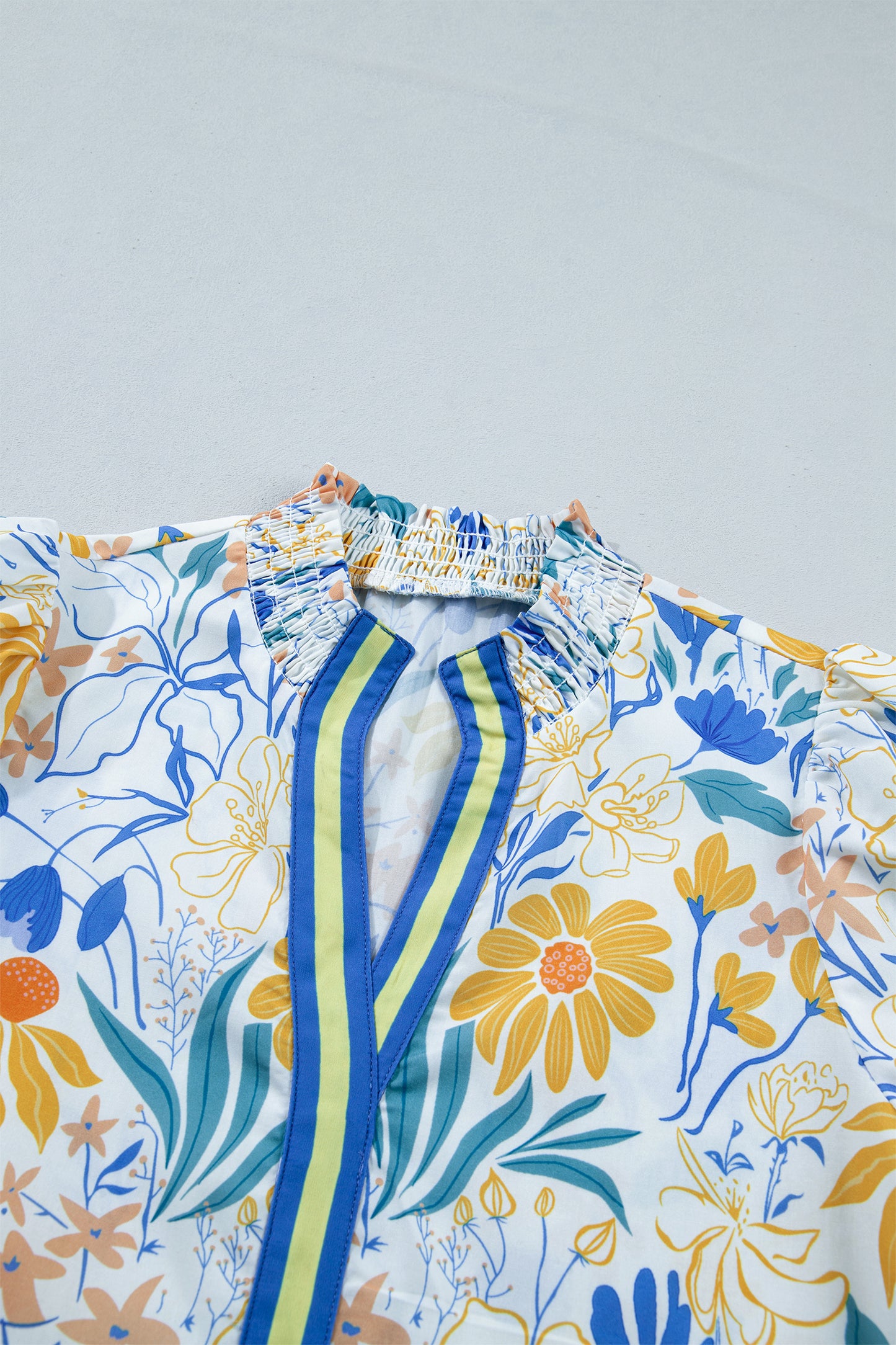 Yellow Floral Print Striped Trim V Neck Puff Sleeve Blouse-Tops/Blouses & Shirts-[Adult]-[Female]-2022 Online Blue Zone Planet