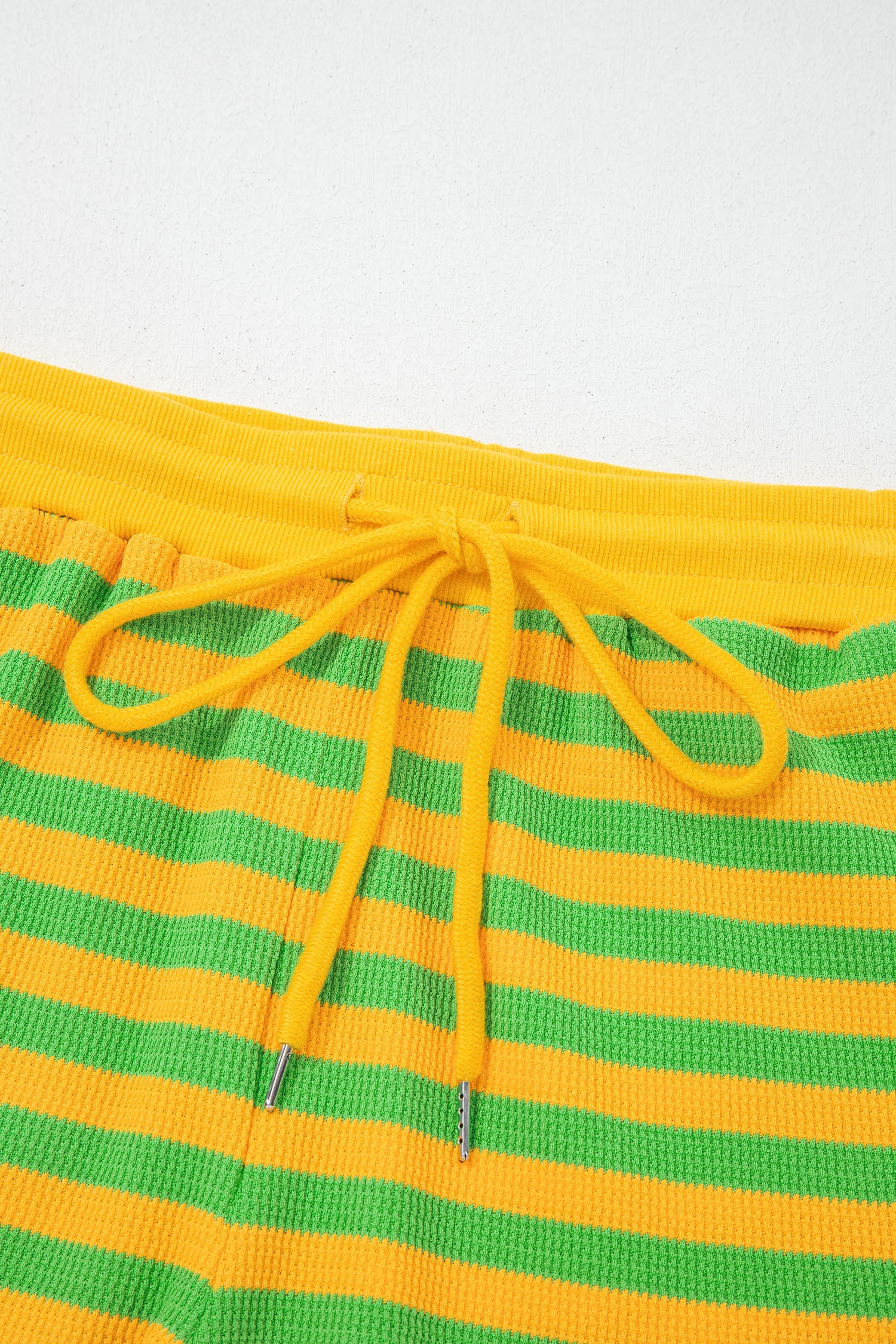 Yellow Stripe Puff Short Sleeve T Shirt Matching Shorts Set-Two Piece Sets/Short Sets-[Adult]-[Female]-2022 Online Blue Zone Planet