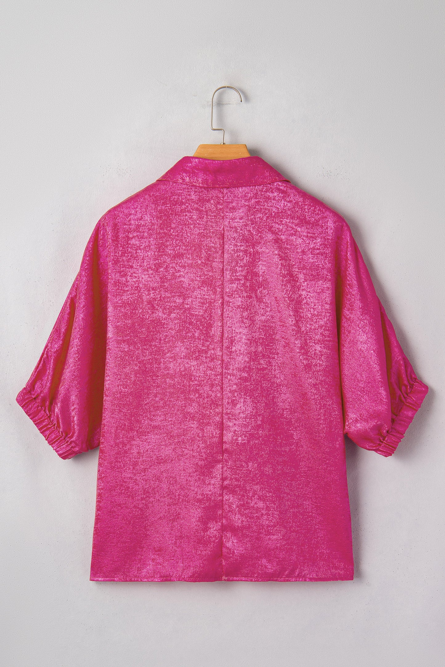 Strawberry Pink Collared V Neck Half Sleeve Metallic Top-Tops/Blouses & Shirts-[Adult]-[Female]-2022 Online Blue Zone Planet