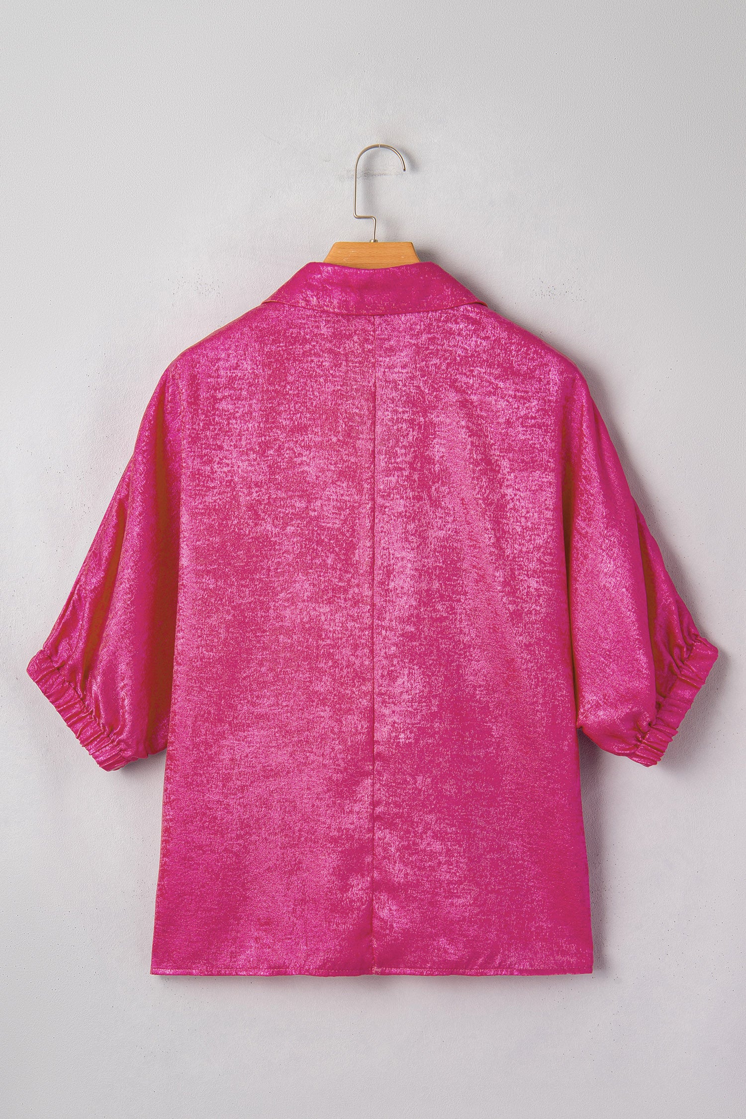 Strawberry Pink Collared V Neck Half Sleeve Metallic Top-Tops/Blouses & Shirts-[Adult]-[Female]-2022 Online Blue Zone Planet