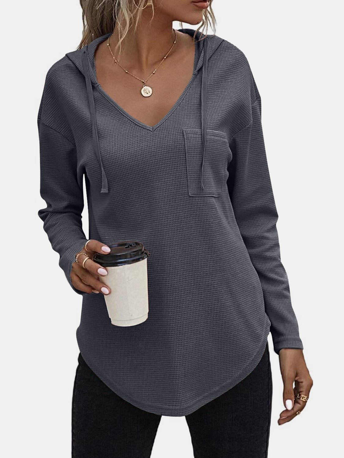 Drawstring Waffle Knit Long Sleeve Hooded Top-TOPS / DRESSES-[Adult]-[Female]-Dark Gray-S-2022 Online Blue Zone Planet