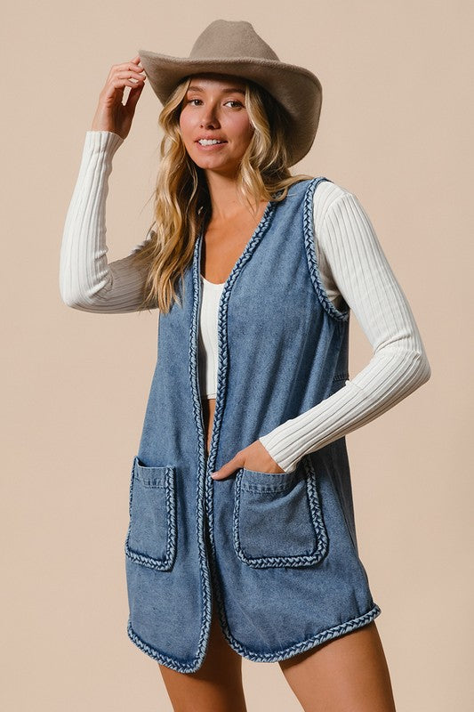 Blue Zone Planet | BiBi Braided Trim Open Front Denim Vest with Pockets-TOPS / DRESSES-[Adult]-[Female]-2022 Online Blue Zone Planet