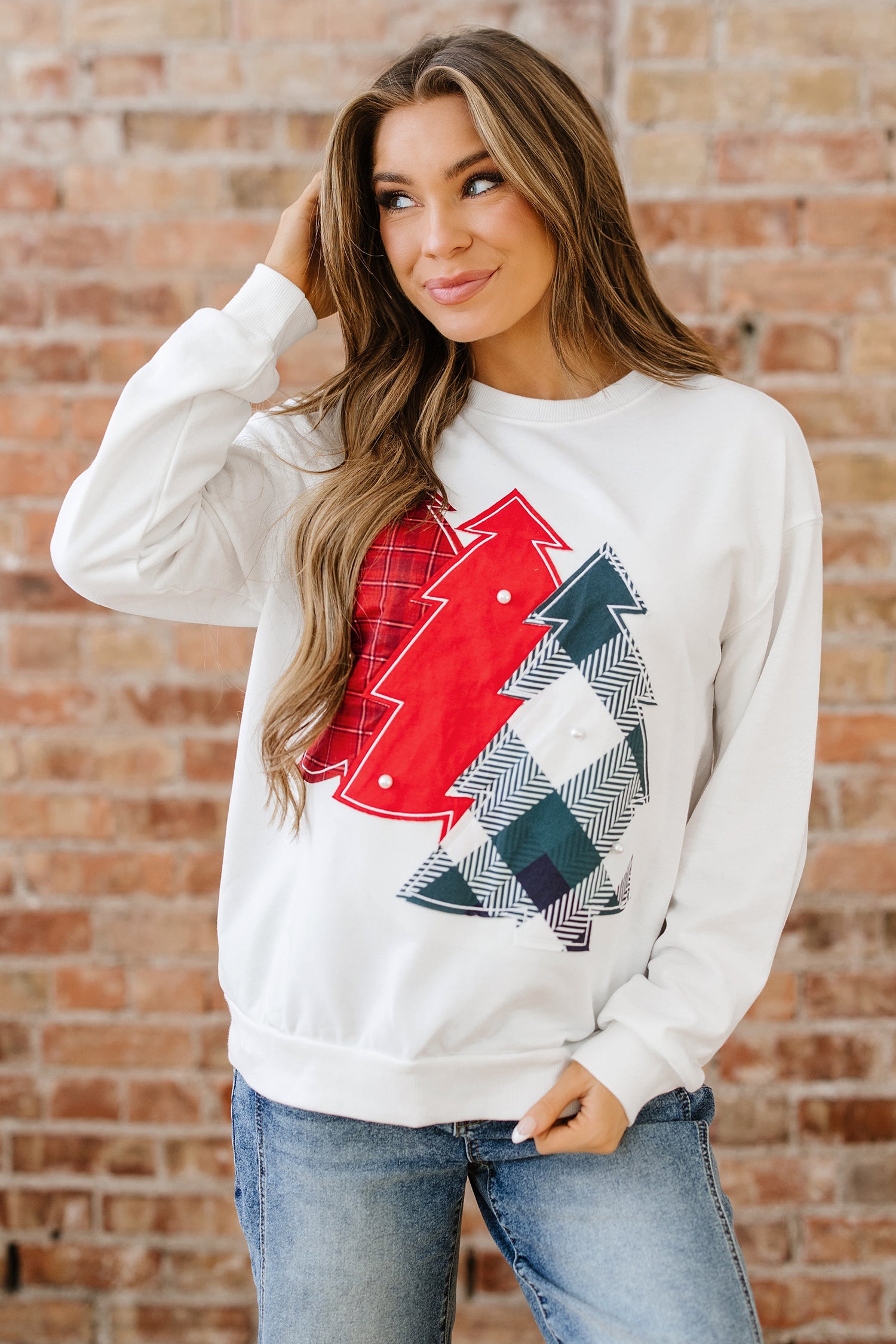 White Pearl Plaid Christmas Tree Patched Drop Shoulder Sweatshirt-Tops/Sweatshirts & Hoodies-[Adult]-[Female]-2022 Online Blue Zone Planet