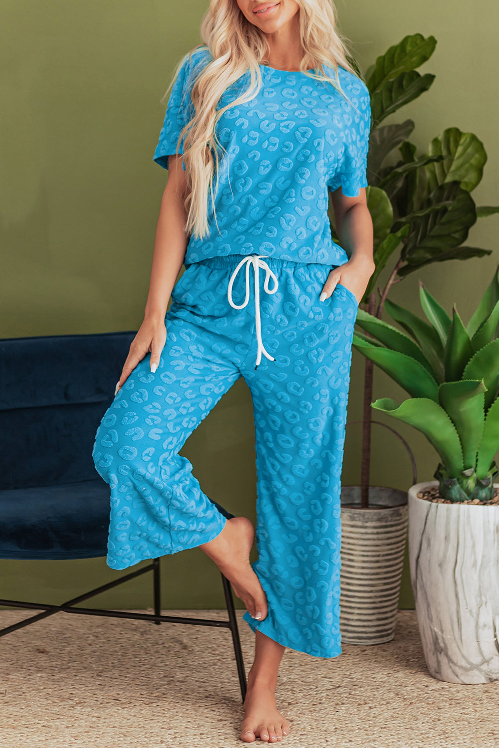 Blue Zone Planet | Blue Leopard Jacquard Short Sleeve Top and Wide Leg Pants Set-Two Piece Sets/Pant Sets-[Adult]-[Female]-2022 Online Blue Zone Planet