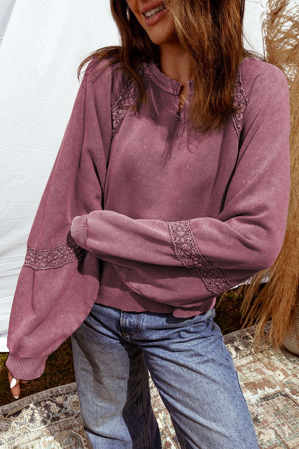 Sail Blue Lace Patchwork Detail Notched Neck Mineral Wash Baggy Sweatshirt-Tops/Sweatshirts & Hoodies-[Adult]-[Female]-Red Dahlia-S-2022 Online Blue Zone Planet