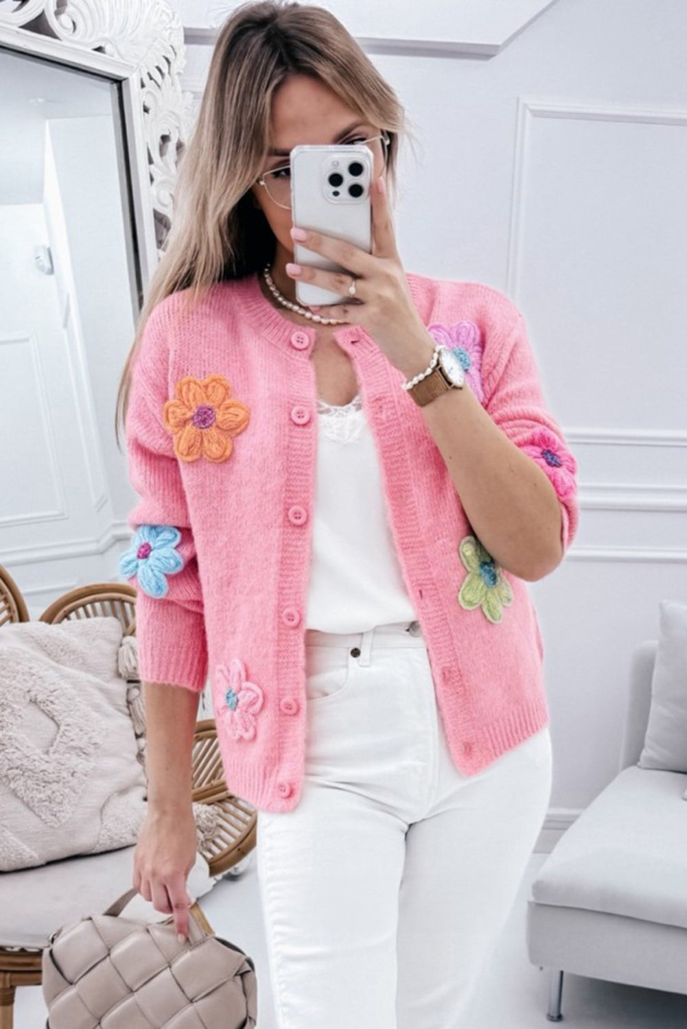 Pink Cute Knitted Floral Pattern Button Up Cardigan-Sweaters & Cardigans/Cardigans-[Adult]-[Female]-2022 Online Blue Zone Planet