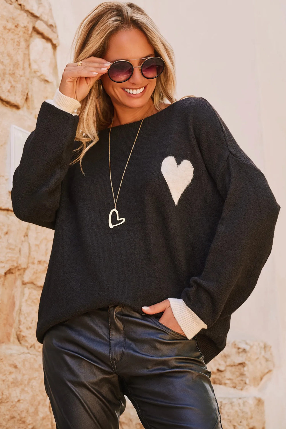 Black Heart Chest Contrast Cuffs Baggy Sweater-TOPS / DRESSES-[Adult]-[Female]-2022 Online Blue Zone Planet