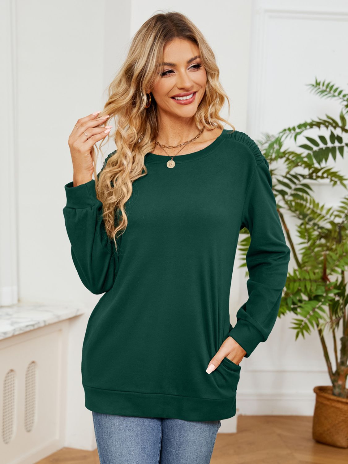 Ruched Shoulder Round Neck Long Sleeve Sweatshirt-TOPS / DRESSES-[Adult]-[Female]-2022 Online Blue Zone Planet