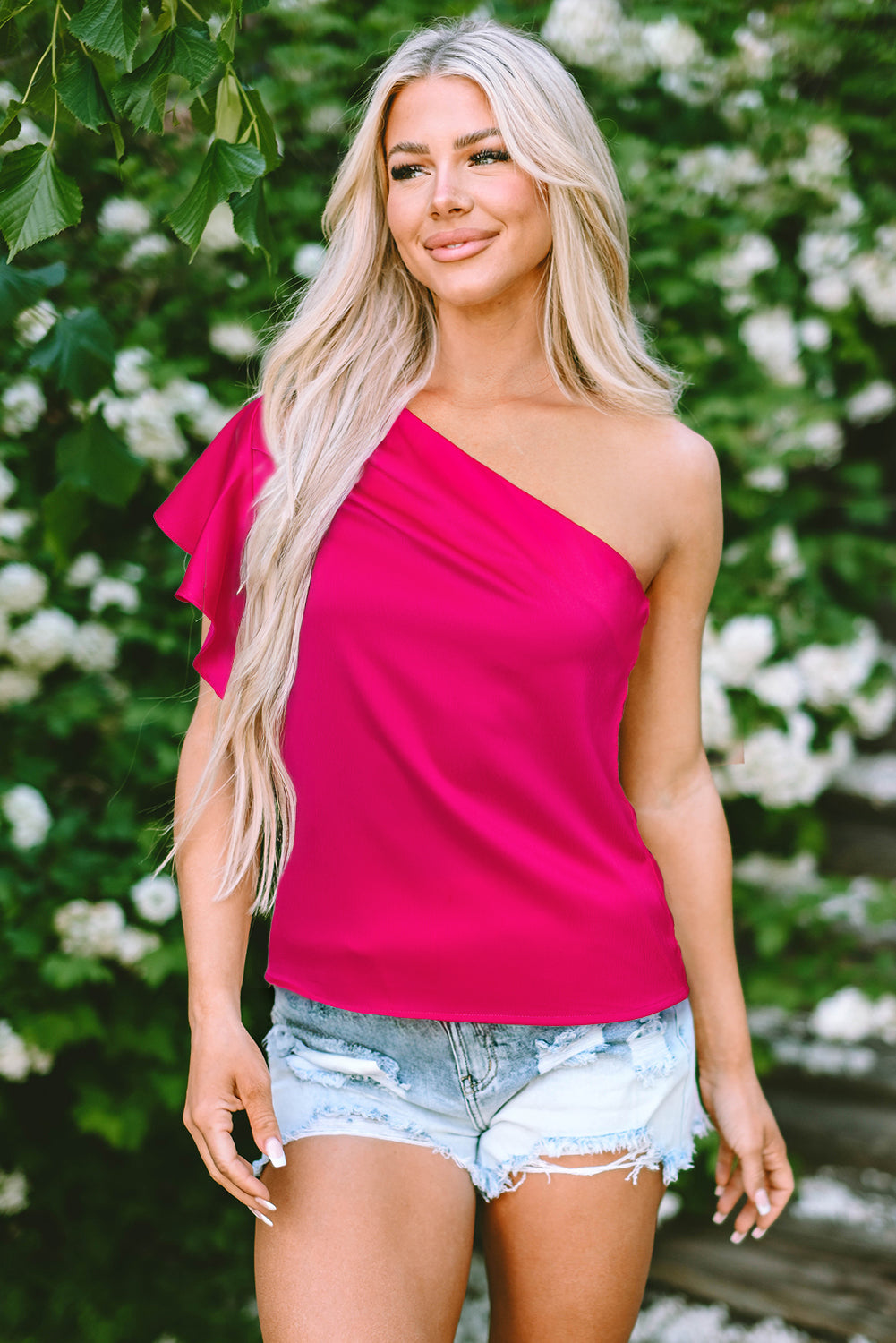 Strawberry Pink Asymmetric Shoulder Ruffle Sleeve Elegant Blouse-Tops/Blouses & Shirts-[Adult]-[Female]-2022 Online Blue Zone Planet