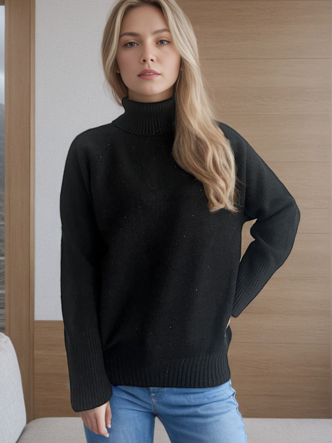 Blue Zone Planet | Turtleneck Raglan Sleeve Sweater-TOPS / DRESSES-[Adult]-[Female]-Black-One Size-2022 Online Blue Zone Planet