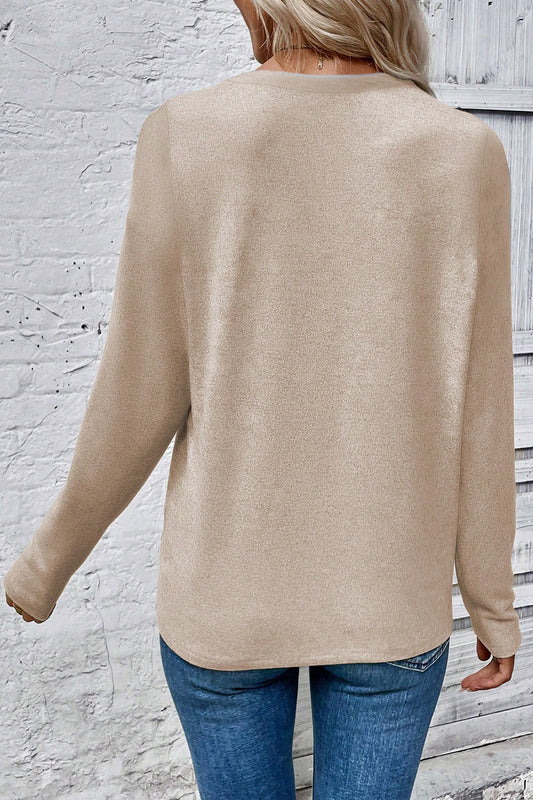 Beige Leopard Print Detail Round Neck Long Sleeve Top-Tops/Long Sleeve Tops-[Adult]-[Female]-2022 Online Blue Zone Planet