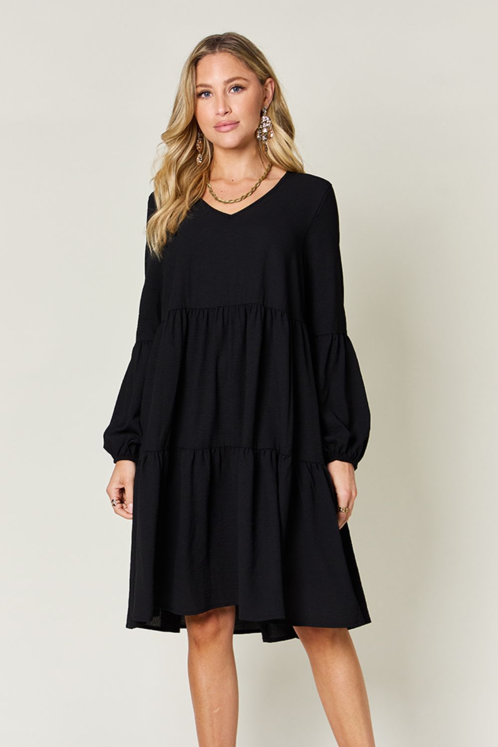 Blue Zone Planet | Double Take Full Size V-Neck Balloon Sleeve Tiered Dress-TOPS / DRESSES-[Adult]-[Female]-Black-S-2022 Online Blue Zone Planet