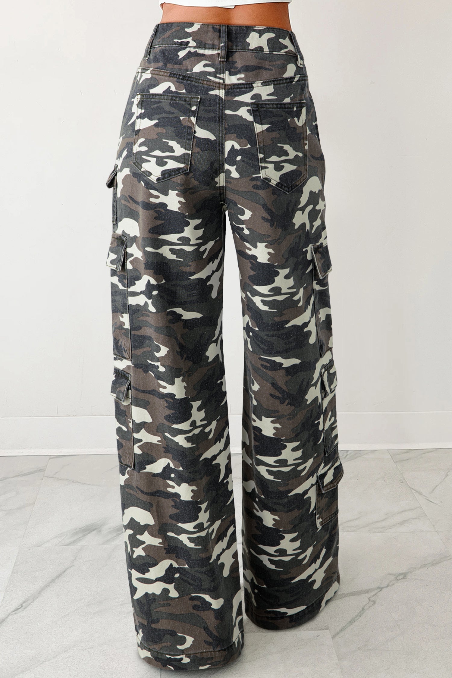 Green Camo Denim Cargo Wide Leg Pants-Bottoms/Jeans-[Adult]-[Female]-2022 Online Blue Zone Planet