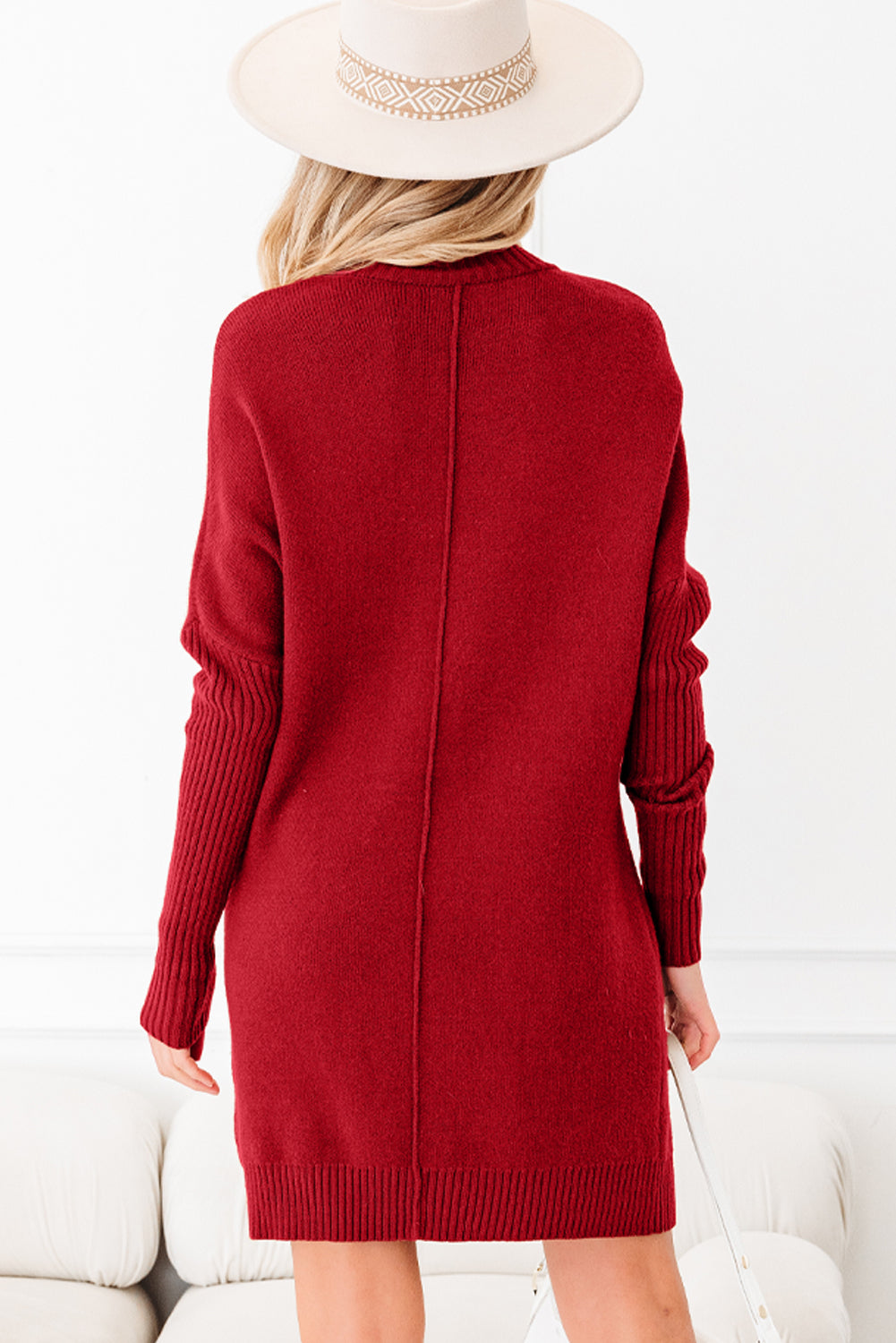 Fiery Red Ribbed High Neck Front Pockets Center Seam Shift Sweater Dress-TOPS / DRESSES-[Adult]-[Female]-2022 Online Blue Zone Planet
