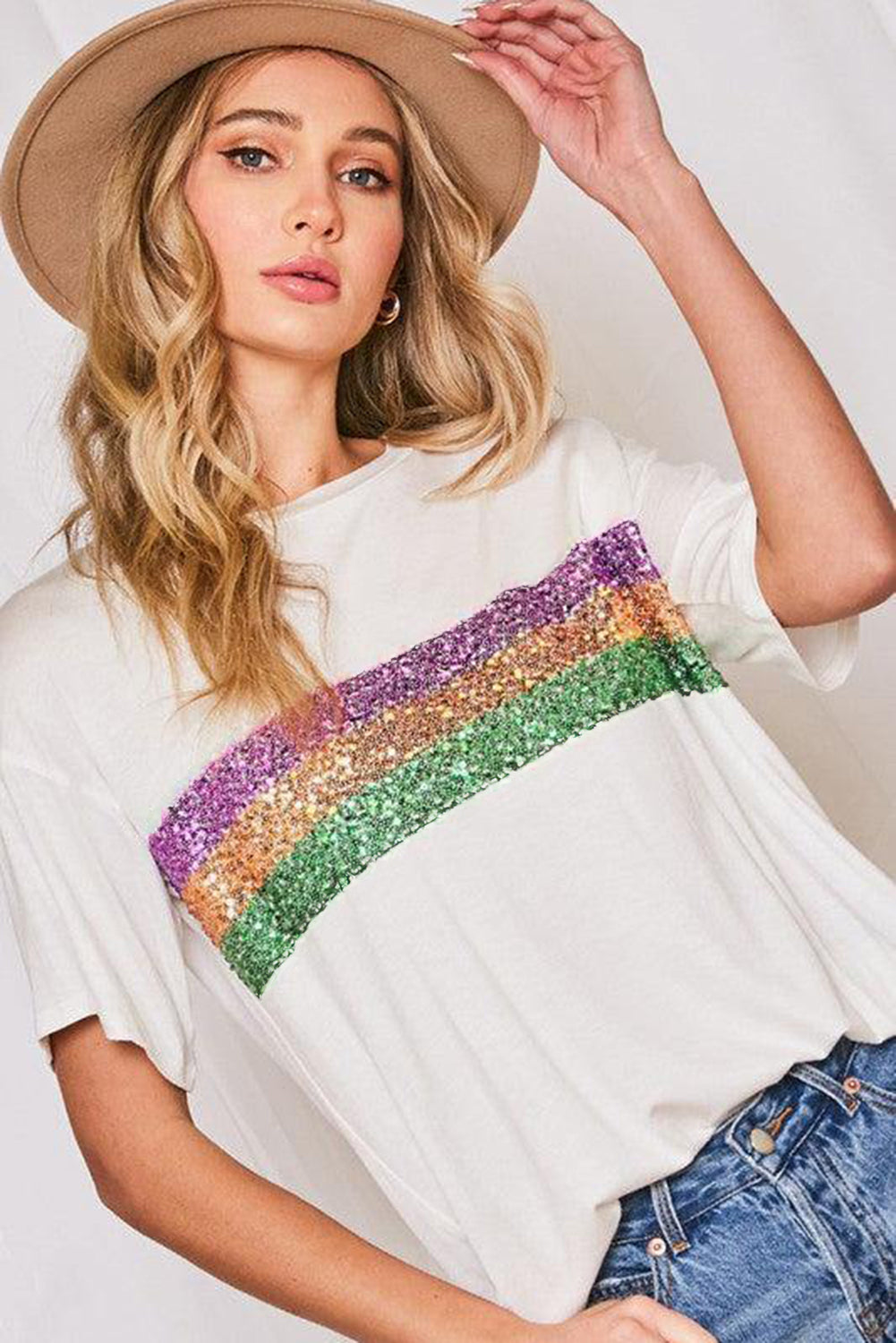 White Sequin Stripes Patchwork Mardi Gras Crew Neck T Shirt-Tops/Tops & Tees-[Adult]-[Female]-2022 Online Blue Zone Planet