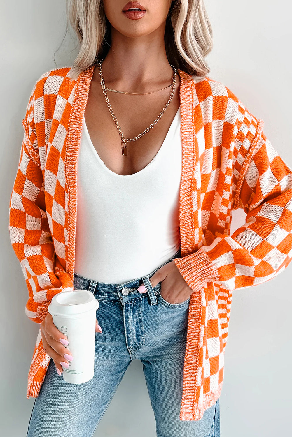 Orange Checkered Open Front Drop Shoulder Cardigan-Sweaters & Cardigans/Cardigans-[Adult]-[Female]-Orange-S-2022 Online Blue Zone Planet