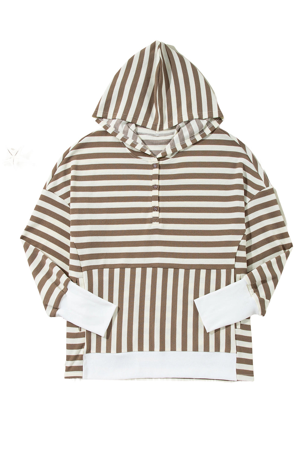 Brown Stripe Drop Sleeve Plus Size Henley Hoodie-Plus Size Tops-[Adult]-[Female]-2022 Online Blue Zone Planet