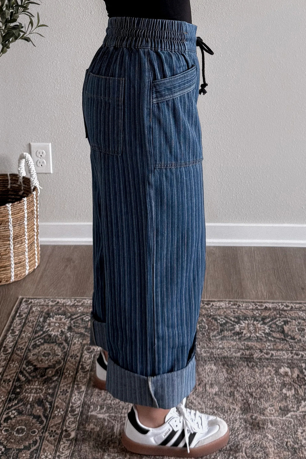Blue Stripe Contrasted Drawstring Pocketed Loose Jeans-Bottoms/Jeans-[Adult]-[Female]-2022 Online Blue Zone Planet