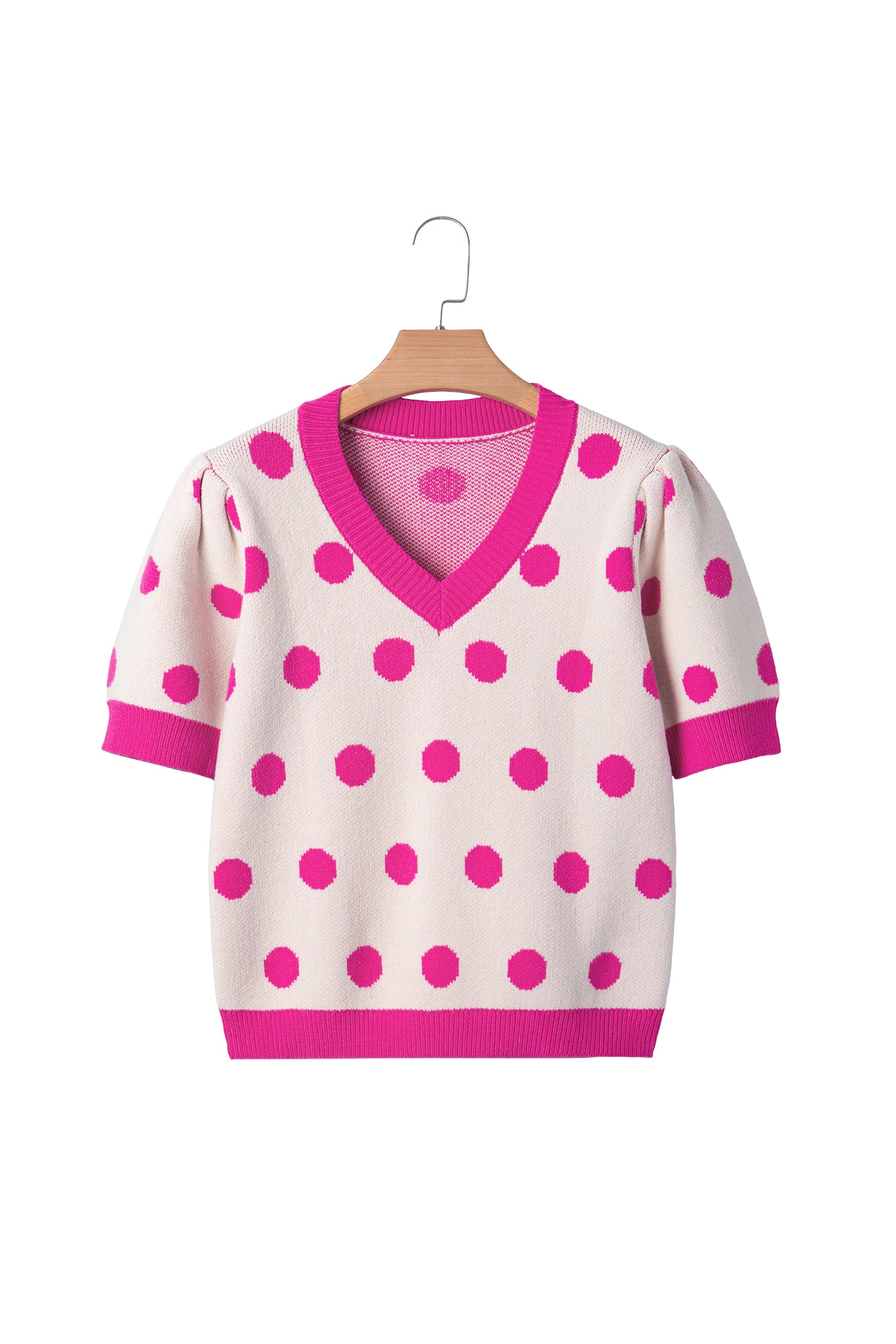 Rose Red Polka Dot Puff Short Sleeve Sweater Top-Sweaters & Cardigans/Short Sleeve Sweaters-[Adult]-[Female]-2022 Online Blue Zone Planet