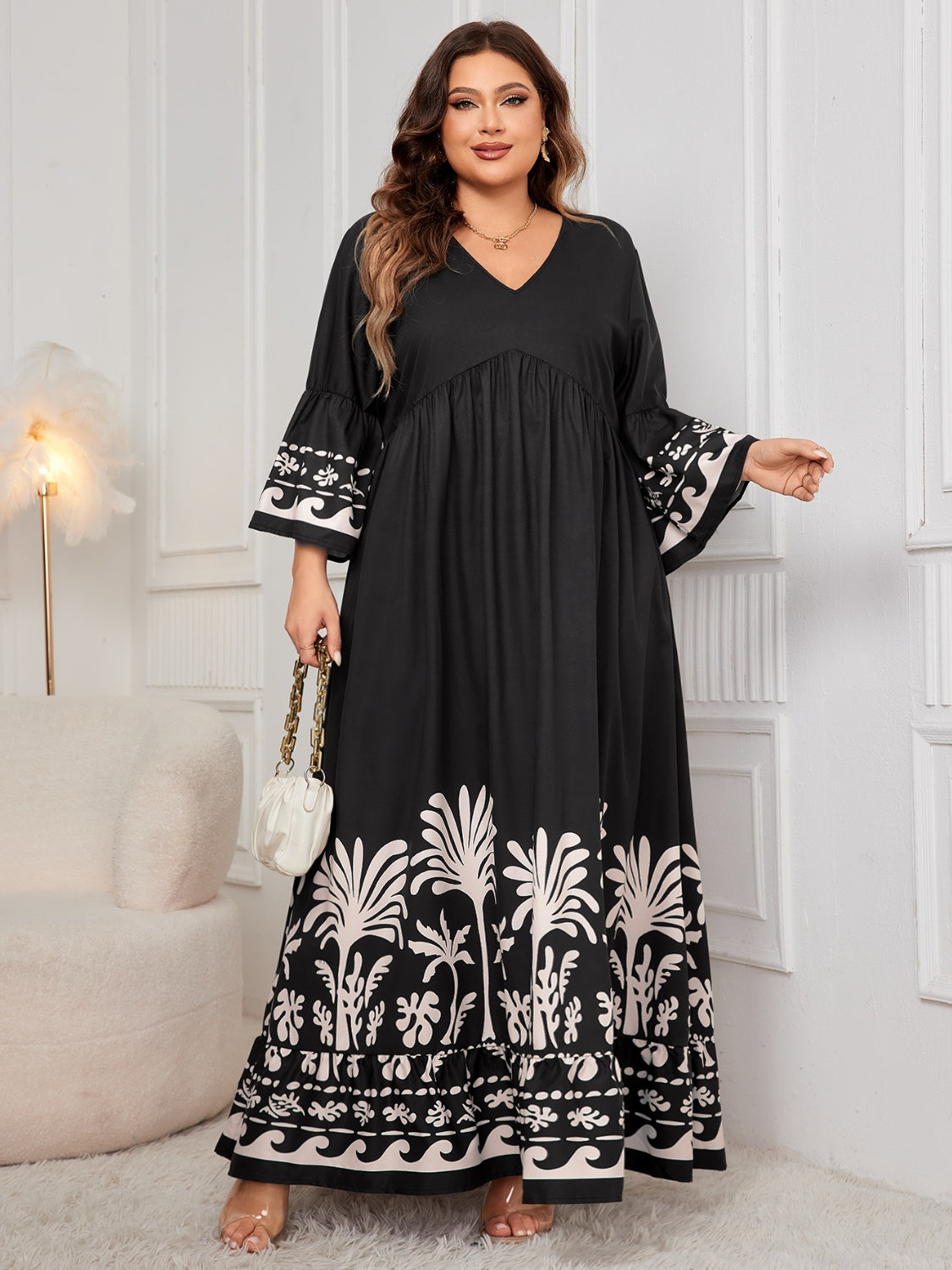 Blue Zone Planet | Plus Size Printed V-Neck Long Sleeve Maxi Dress-TOPS / DRESSES-[Adult]-[Female]-2022 Online Blue Zone Planet