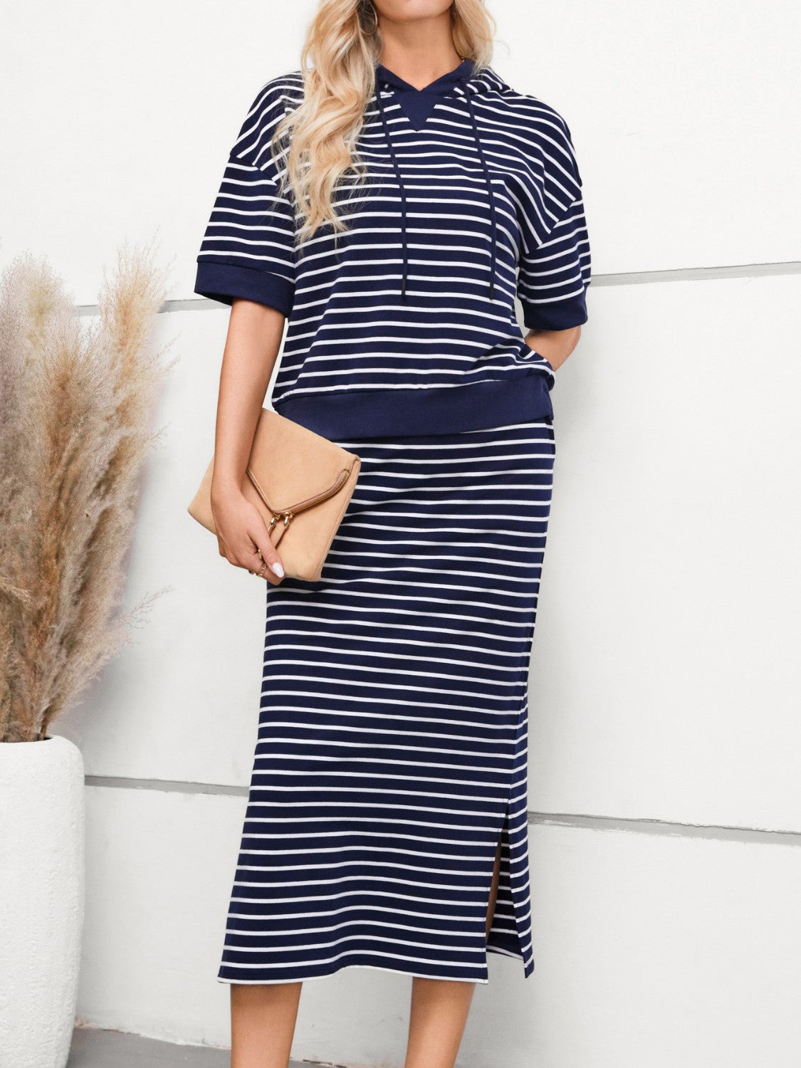 Drawstring Striped Short Sleeve Hooded Top and Skirt Set-TOPS / DRESSES-[Adult]-[Female]-2022 Online Blue Zone Planet