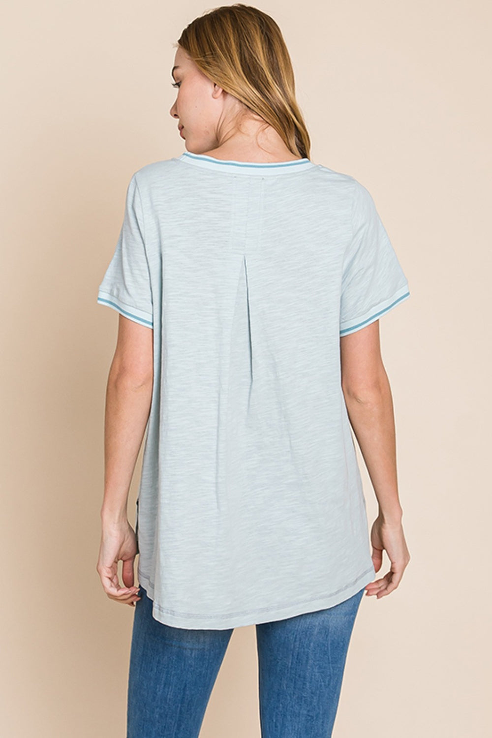 Blue Zone Planet | Cotton Bleu by Nu Lab Contrast Trim Short Sleeve Slit T-Shirt-TOPS / DRESSES-[Adult]-[Female]-2022 Online Blue Zone Planet