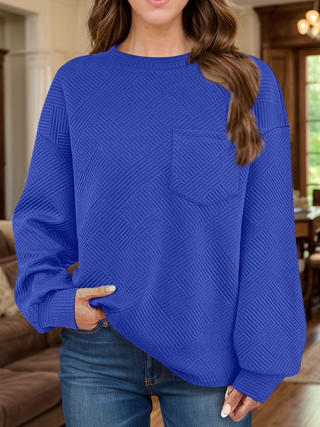 Full Size Texture Round Neck Long Sleeve Sweatshirt-TOPS / DRESSES-[Adult]-[Female]-2022 Online Blue Zone Planet