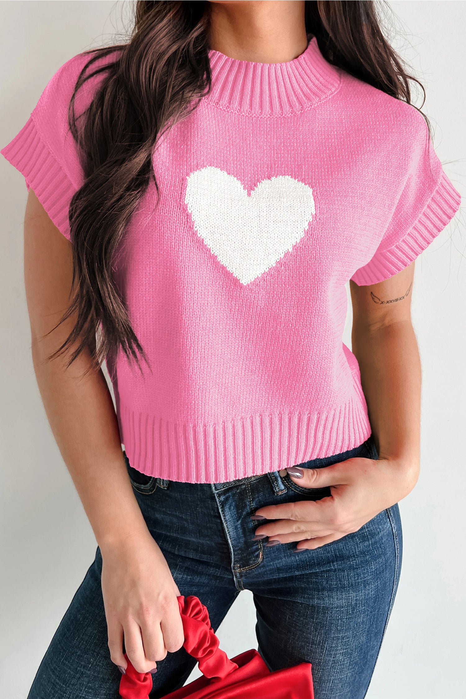 Pink Valentine Heart Graphic Cropped Short Sleeve Sweater-TOPS / DRESSES-[Adult]-[Female]-Pink-S-2022 Online Blue Zone Planet