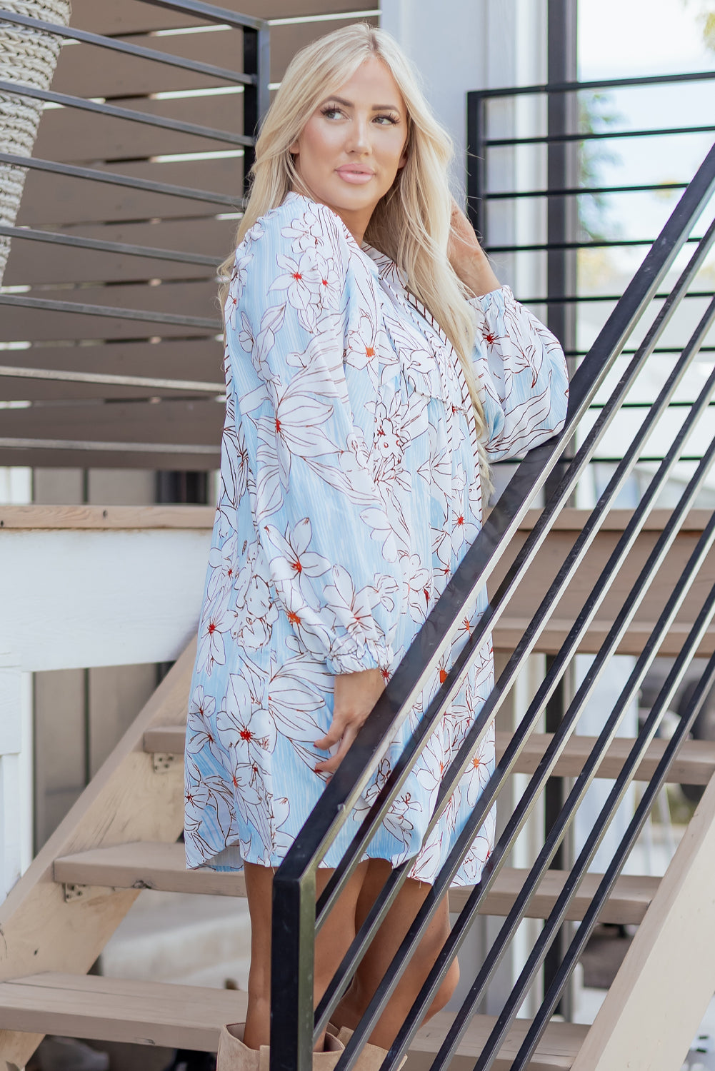 Brown Floral Print Tie Neck 3/4 Sleeve Mini Dress-TOPS / DRESSES-[Adult]-[Female]-2022 Online Blue Zone Planet